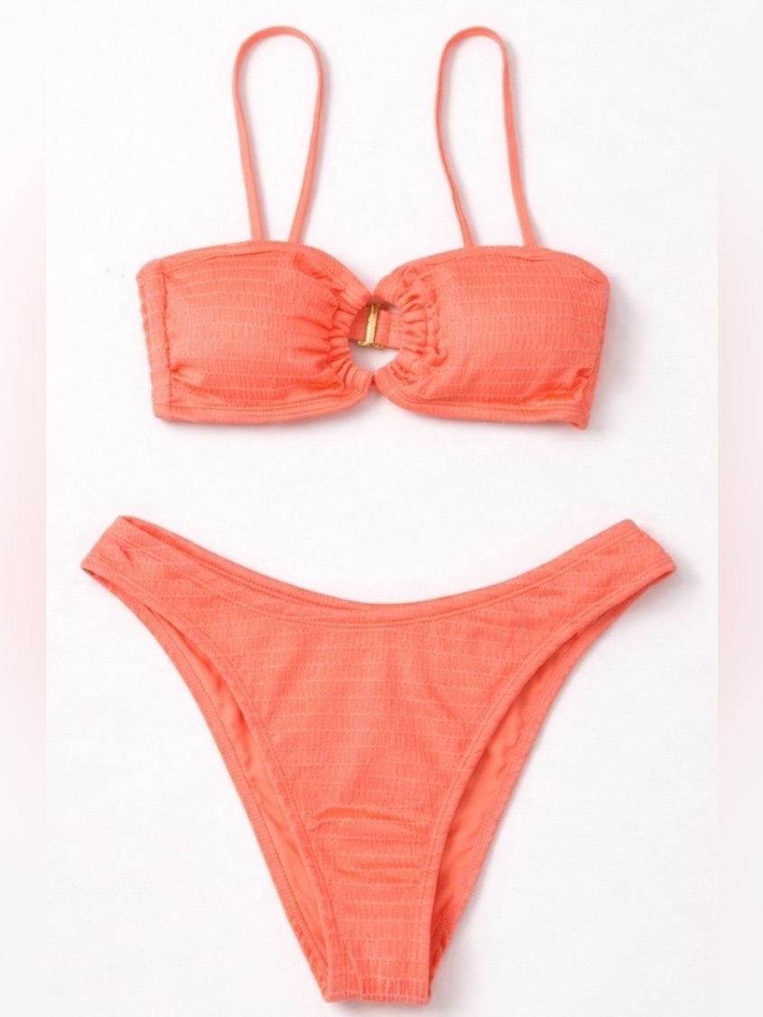 Isabella Rose Bikini Set Medium Neon Coral Textured Bandeau High Cut Swim Size M